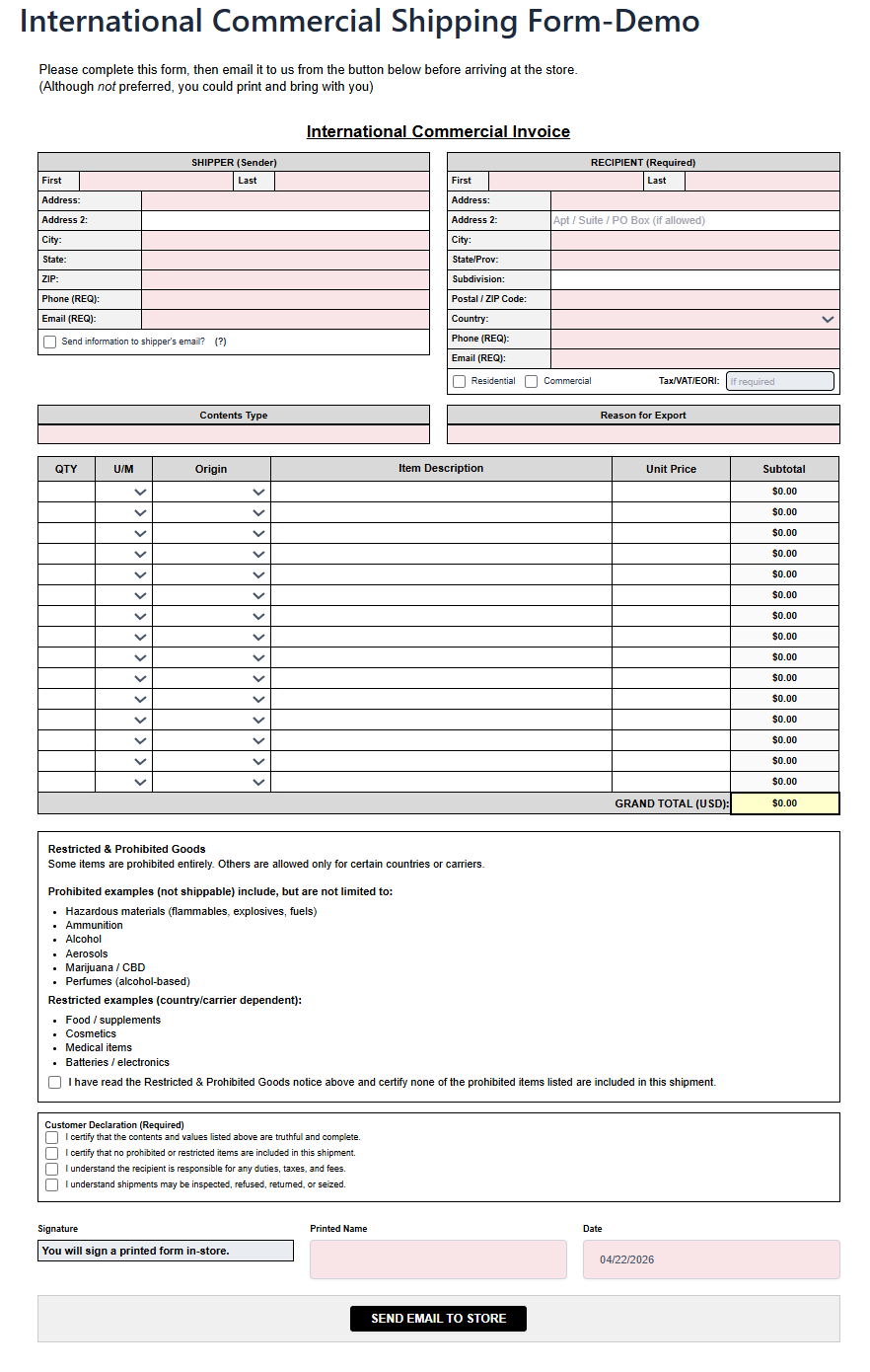 International Shipping Form